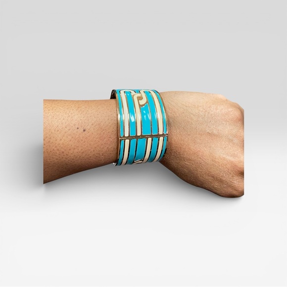 Vintage Gold and Teal Enamel Cuff Bracelet - Picture 2 of 5